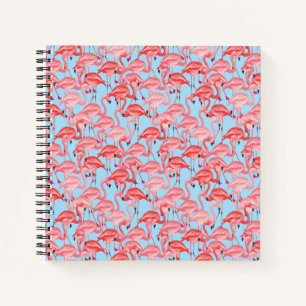 Bright Pink Flamingos On Blue Notebook