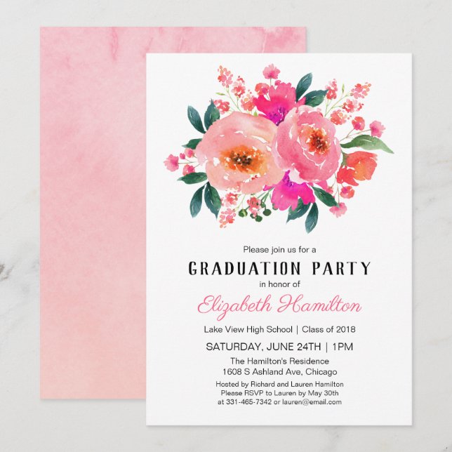 Bright Pink Floral Bouquet Graduation Party Invitation (Front/Back)