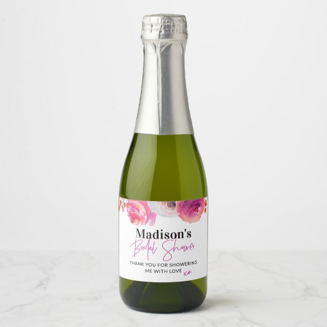 Bright Pink Floral Bridal Shower Favour Sparkling Wine Label (Front)