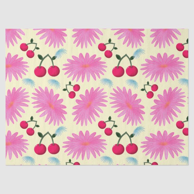 Bright Pink Floral Cherry Pattern | Cute Kawaii  Tissue Paper (Front)