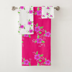 Bright Pink Floral Design With White Bath Towel Set