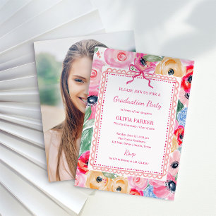 Bright Pink Floral Grad Party Photo and Bow Invitation