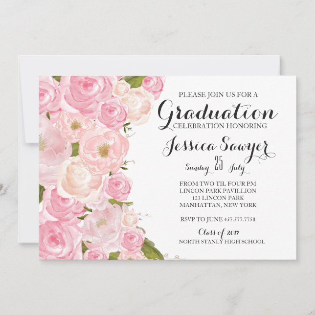 Bright pink Floral Graduation party Invitation (Front)