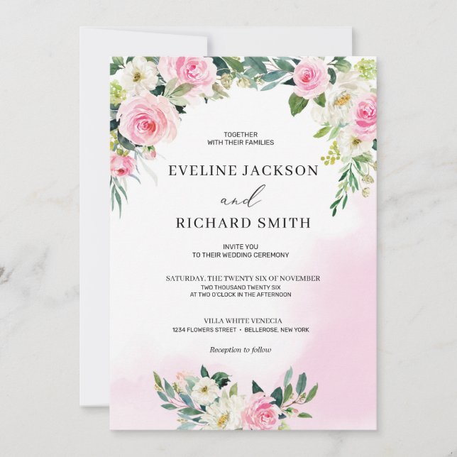 Bright pink floral greenery foliage boho wedding invitation (Front)