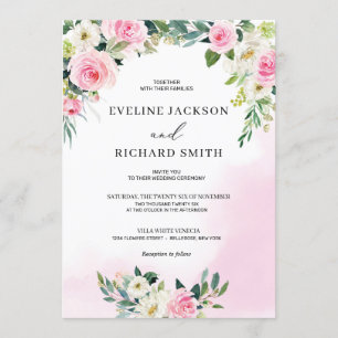 Bright pink floral greenery foliage boho wedding invitation