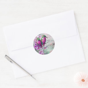 Bright Pink Floral Hummingbirds Classic Round Sticker