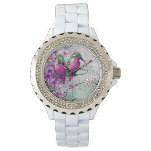 Bright Pink Floral Hummingbirds Watch