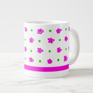 Bright Pink Floral Pattern, Green Polkas on White Large Coffee Mug