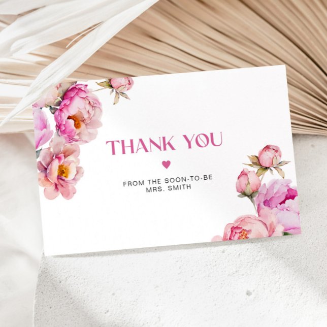 Bright pink floral peony bridal thank you card (Creator Uploaded)