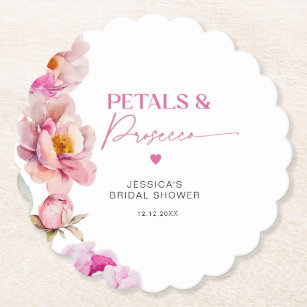 Bright pink floral petals and prosecco bridal paper coaster