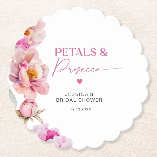 Bright pink floral petals and prosecco bridal paper coaster (Front)