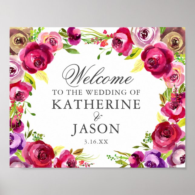 Bright Pink Floral Romantic Fuchsia Wedding Poster (Front)