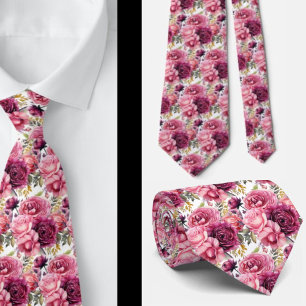 Bright Pink Floral Watercolor Neck Tie