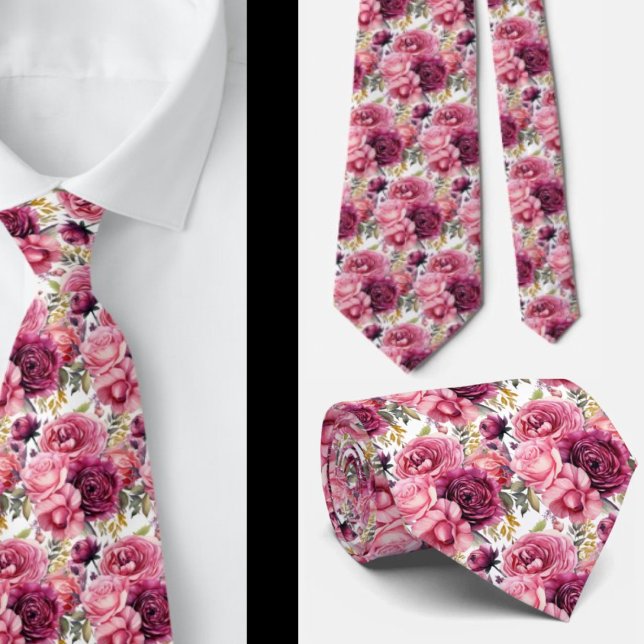 Bright Pink Floral Watercolor Neck Tie (Creator Uploaded)