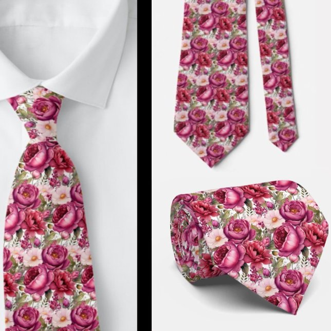 Bright Pink Floral Watercolor Neck Tie (Creator Uploaded)