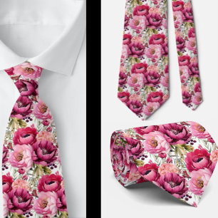 Bright Pink Floral Watercolor Neck Tie