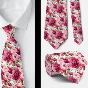 Bright Pink Floral Watercolor Neck Tie