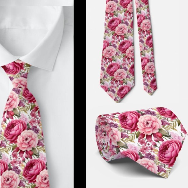Bright Pink Floral Watercolor Neck Tie (Creator Uploaded)