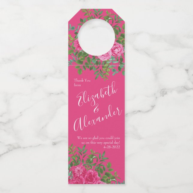 Bright Pink Floral Wedding Bottle Tag (Front)