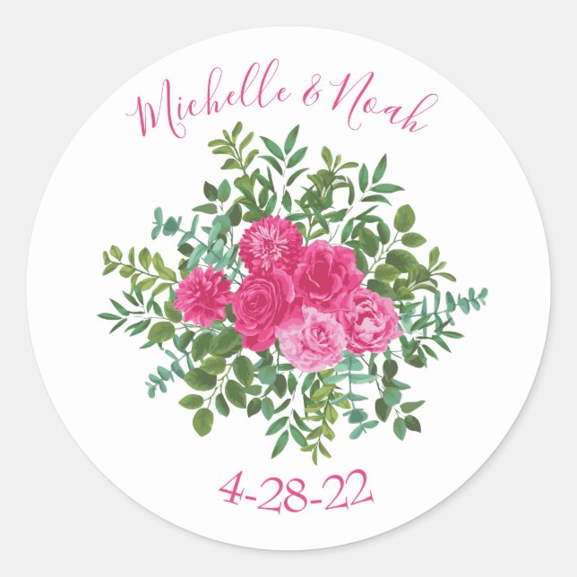 Bright Pink Floral Wedding Classic Round Sticker (Front)