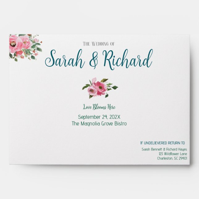 Bright Pink Floral Wedding Envelope (Front)