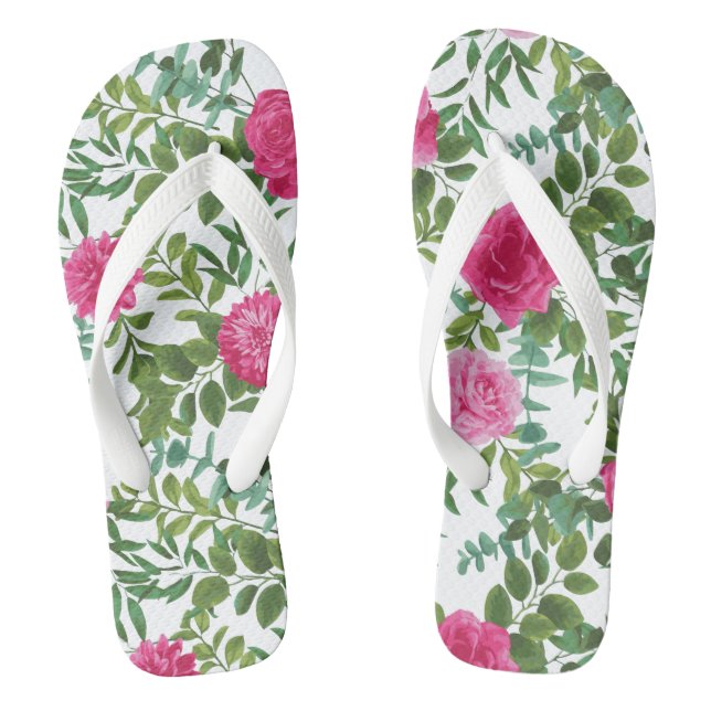 Bright Pink Floral Wedding Flip Flops (Footbed)