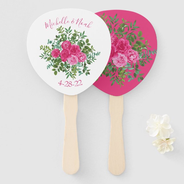 Bright Pink Floral Wedding Hand Fan (Front and Back)