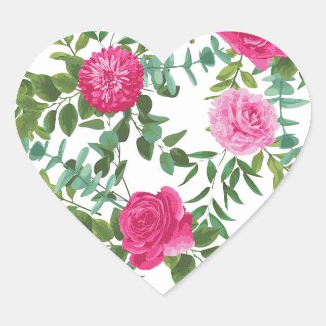 Bright Pink Floral Wedding Heart Sticker (Front)