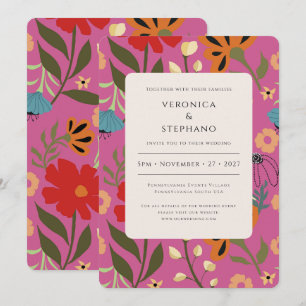 Bright pink floral wedding invitation