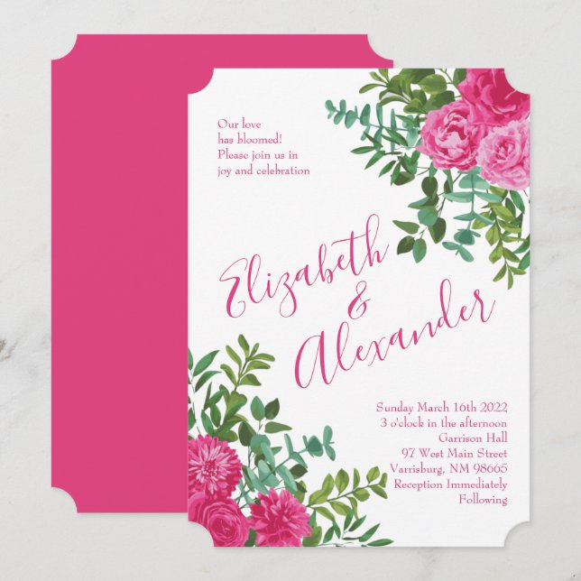 Bright Pink Floral Wedding Invitations (Front/Back)