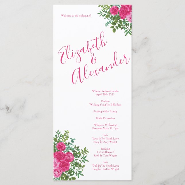 Bright Pink Floral Wedding Menu (Front)