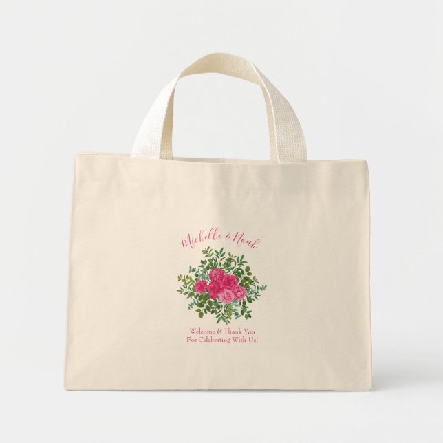 Bright Pink Floral Wedding Mini Tote Bag (Front)