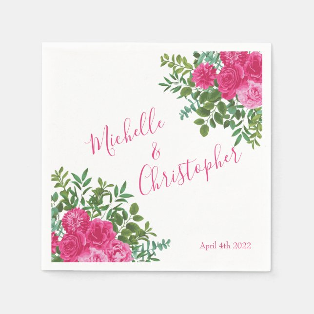 Bright Pink Floral Wedding Napkin (Front)