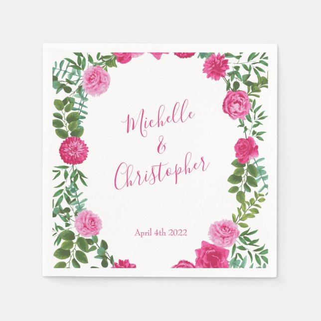 Bright Pink Floral Wedding Napkin (Front)