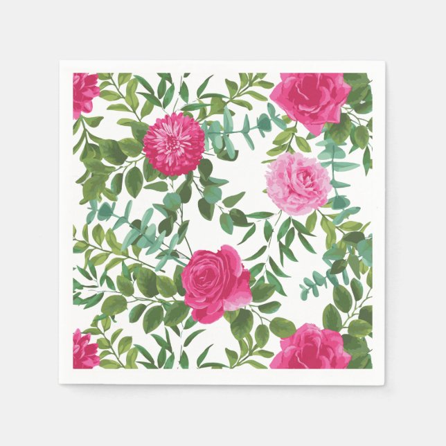 Bright Pink Floral Wedding Paper Napkins (Front)