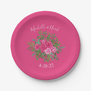 Bright Pink Floral Wedding Paper Plate