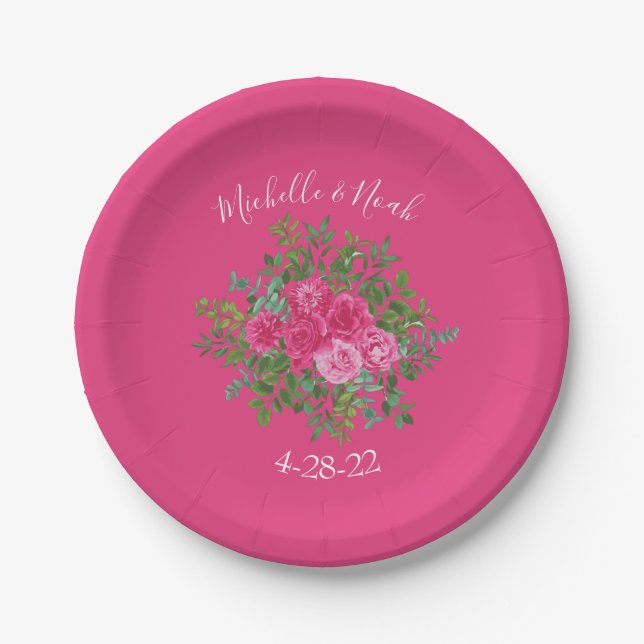 Bright Pink Floral Wedding Paper Plate (Front)