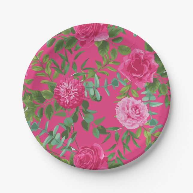Bright Pink Floral Wedding Paper Plates (Front)