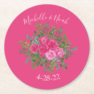 Bright Pink Floral Wedding Round Paper Coaster