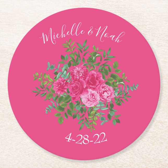 Bright Pink Floral Wedding Round Paper Coaster (Front)