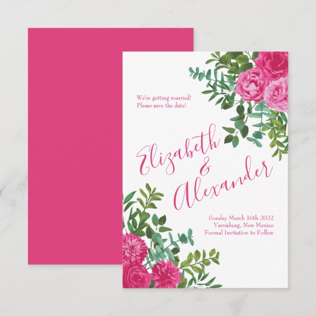 Bright Pink Floral Wedding Save the Date Invitation (Front/Back)