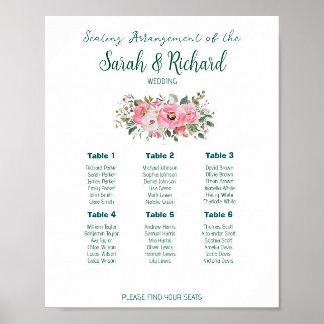 Bright Pink Floral Wedding Seating Chart (Front)