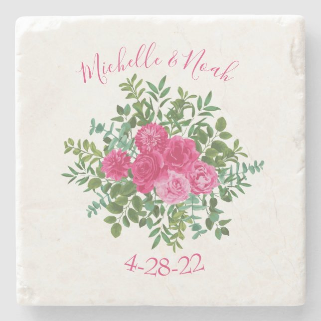Bright Pink Floral Wedding Stone Coaster (Front)