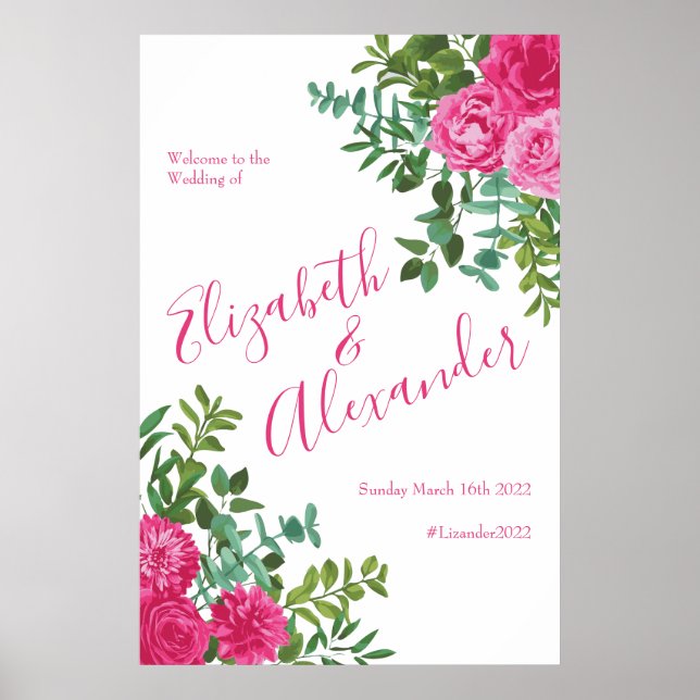 Bright Pink Floral Wedding Welcome Poster (Front)