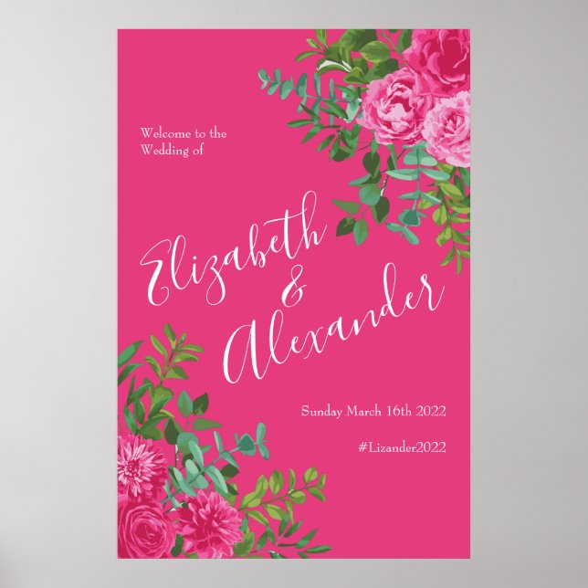 Bright Pink Floral Wedding Welcome Poster (Front)