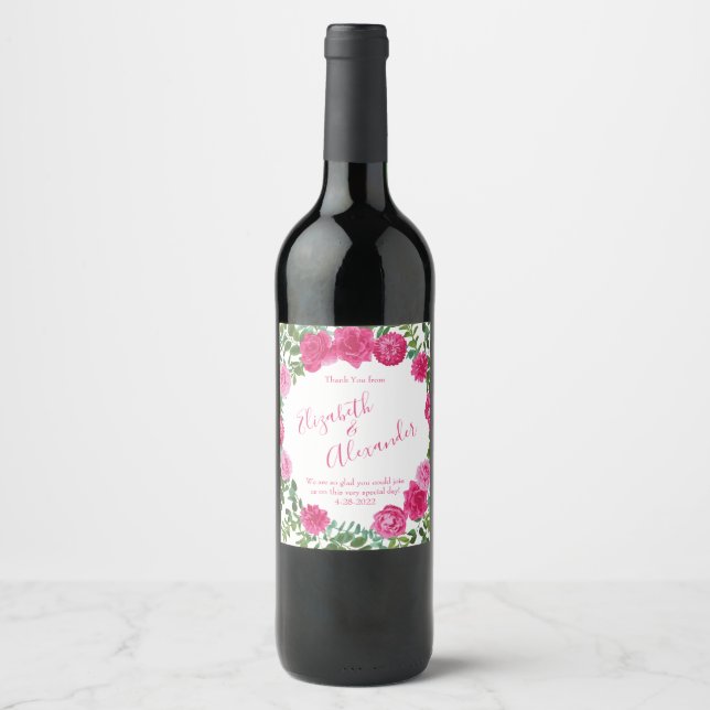 Bright Pink Floral Wedding Wine Label (Front)