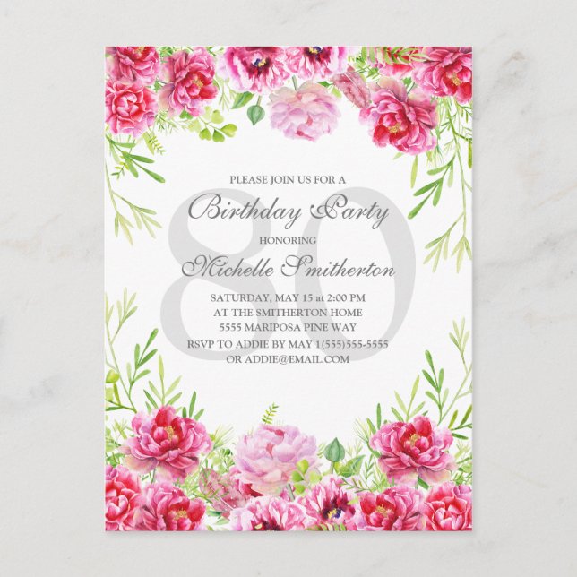 Bright Pink Floral Women's 80th Birthday Party Postcard (Front)