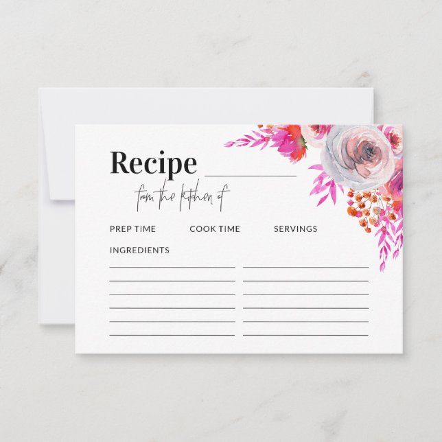 Bright Pink Florals Recipe Card for Bridal Shower  (Front)