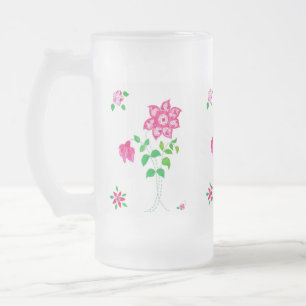 Bright Pink Flower Motif Faux Applique on White Frosted Glass Beer Mug
