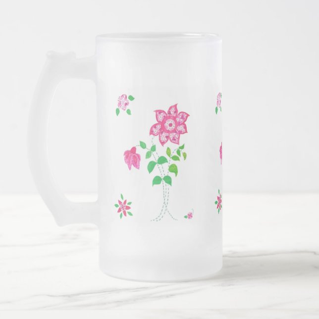 Bright Pink Flower Motif Faux Applique on White Frosted Glass Beer Mug (Left)